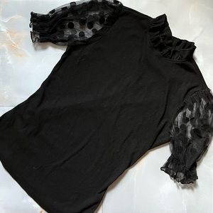 Black Mesh Puff Short Sleeve Black Polka Dots Shirt Size M